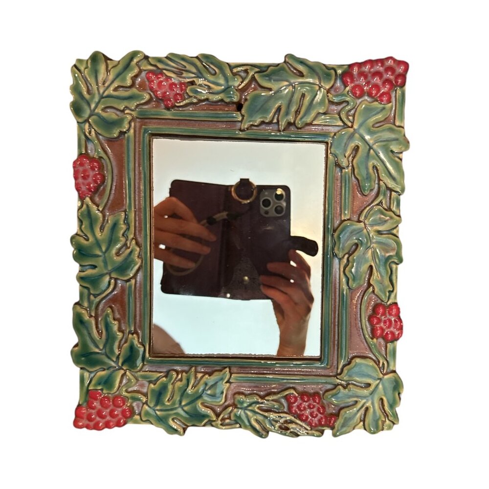 Tile Grape & Leaf Ceramic Framed Mirror Signed READ